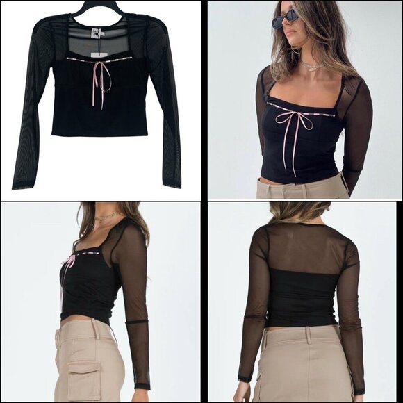 Princess Polly Corria Mesh Long Sleeves Top Size 4 Square Neck Sheer Stretch - Picture 1 of 5